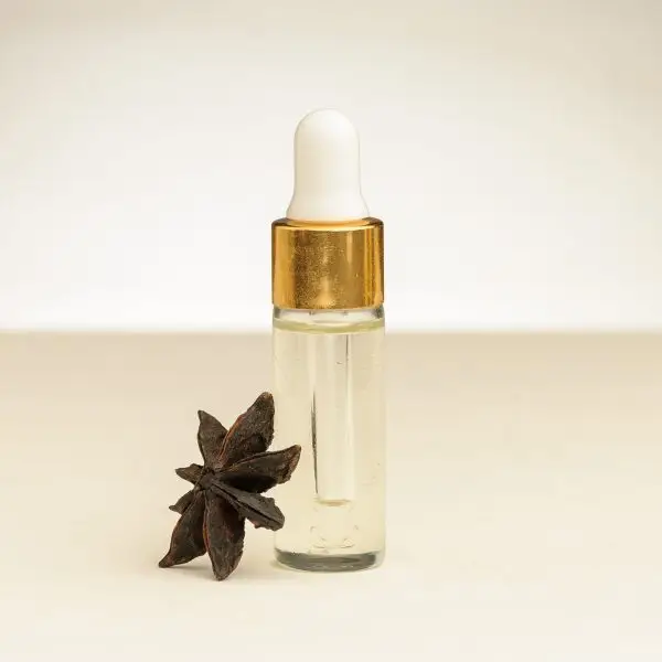 4 ml Fläschchen ätherisches Sternanis-Öl neben einer Sternanis Frucht