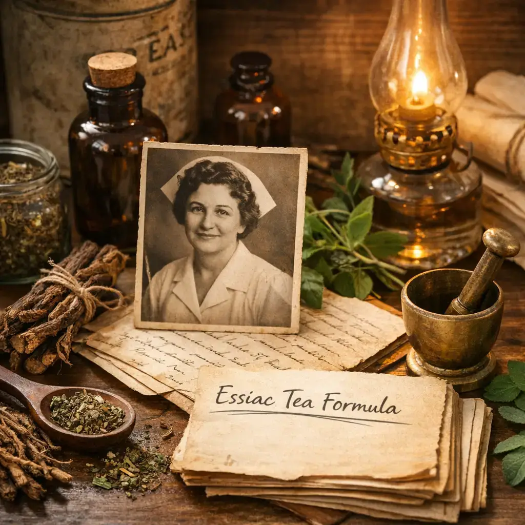 René Caisse und die originale Essiac-Kräuterformel mit Heilkräutern und historischem Hintergrund.