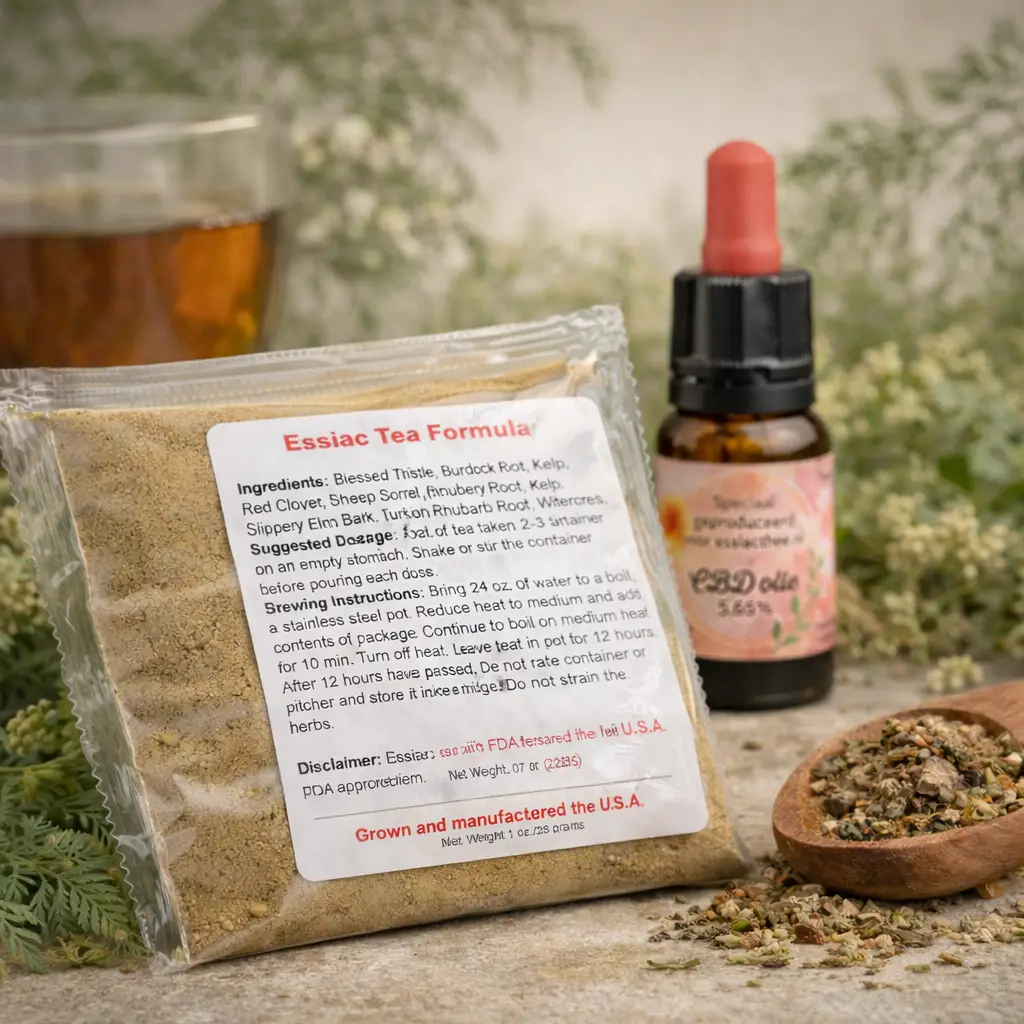 Entgiften mit Essiac Tee und CBD Öl 5,65 % in natürlicher Atmosphäre.