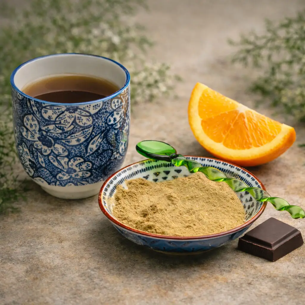 Essiac Tee mit Kräuterpulver, Orange und dunkler Schokolade gegen den bitteren Geschmack.