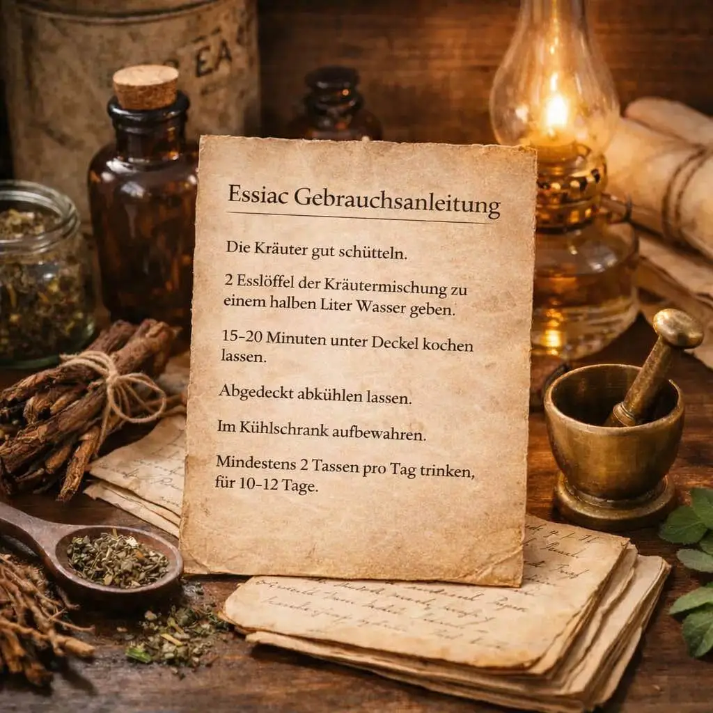 Essiac Gebrauchsanleitung auf antikem Papier mit Kräutern, Mörser und alten Apothekerflaschen – Anleitung zur Zubereitung von Essiac Tee.
